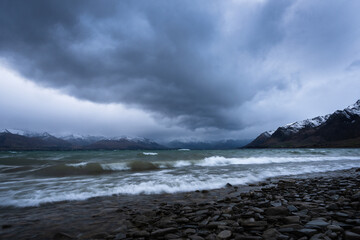 Moody stormy clouds over Lake Hawea, Otago, South Island.