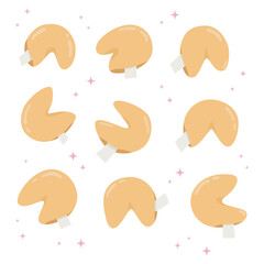 Set of cartoon Chinese fortune cookies. Surprised message inside of bake. Flat style vector illustration.