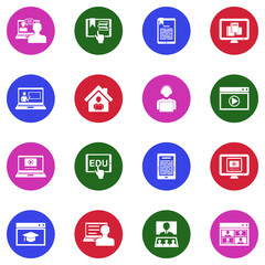 E-learning Icons. White Flat Design In Circle. Vector Illustration.