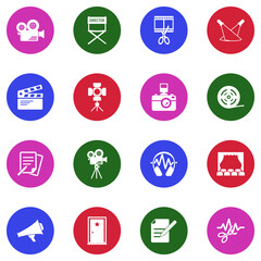 Film Production Icons. White Flat Design In Circle. Vector Illustration.