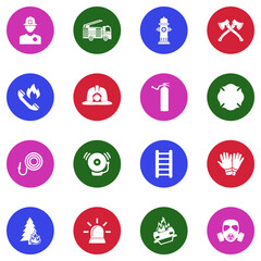Firefighter Icons. White Flat Design In Circle. Vector Illustration.