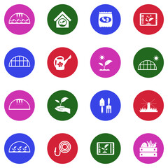 Greenhouse Icons. White Flat Design In Circle. Vector Illustration.