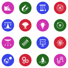 Physics Science Icons. White Flat Design In Circle. Vector Illustration.