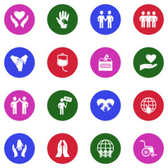 Volunteering Icons. White Flat Design In Circle. Vector Illustration.