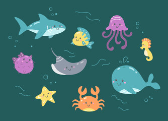 Vector set of sea fishes. Cute collection of ocean underwater life. Children doodle illustration of colorful aquarium fauna. Cartoon aquatic nature: starfish, shark, whale, jellyfish, crab