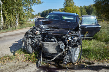 Car accident: Car after collision with truck