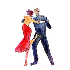 Watercolor illustration: couple, man and woman dancing tango - obrazy, fototapety, plakaty