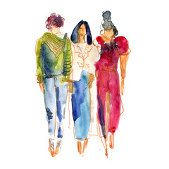 Naklejka premium Hand drawn watercolor illustration: a company of girls in fashionable clothes