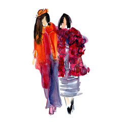 Naklejka premium Hand drawn watercolor illustration: a company of girls in fashionable clothes