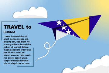 Bosnia and Herzegovina travel vector banner with paper flag and text space, flag on paper plane, holiday and vacation concept