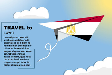 Egypt travel vector banner with paper flag and text space, flag on paper plane, holiday and vacation concept