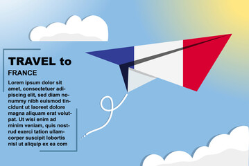 France travel vector banner with paper flag and text space, flag on paper plane, holiday and vacation concept