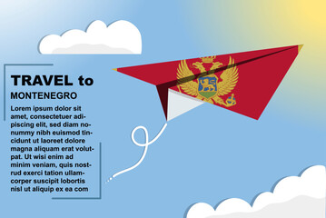 Montenegro travel vector banner with paper flag and text space, flag on paper plane, holiday and vacation concept