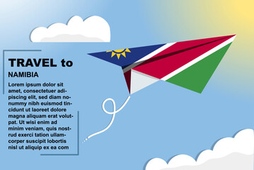 Namibia travel vector banner with paper flag and text space, flag on paper plane, holiday and vacation concept