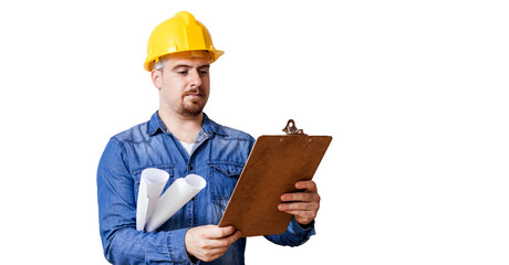 Architect with protective helmet and drawings