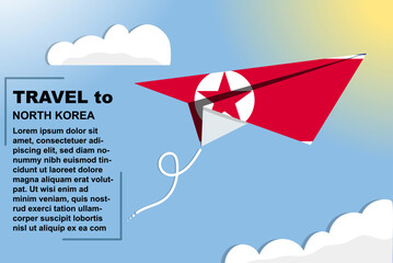 Naklejka na ściany i meble North Korea travel vector banner with paper flag and text space, flag on paper plane, holiday and vacation concept