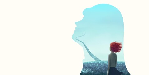 A staircase in a woman face. portrait of lady. surreal painting. Concept idea art of success, freedom, life, and dream. Conceptual illustration. painting artwork. © Jorm Sangsorn