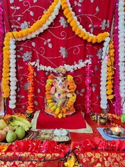 Jaipur, India Circa 2022: Picture of sculpture of Lord Ganesha. Outdoors daylight. Ganesh Chaturthi. Festival celebration