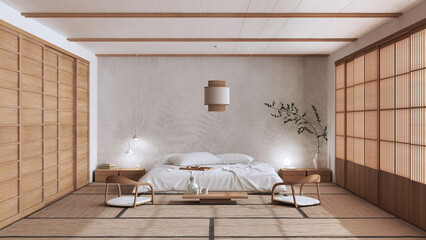 Minimalist bedroom in white and beige tones, japanese style. Double bed, tatami mats, meditation zen space. Japandi interior design - obrazy, fototapety, plakaty