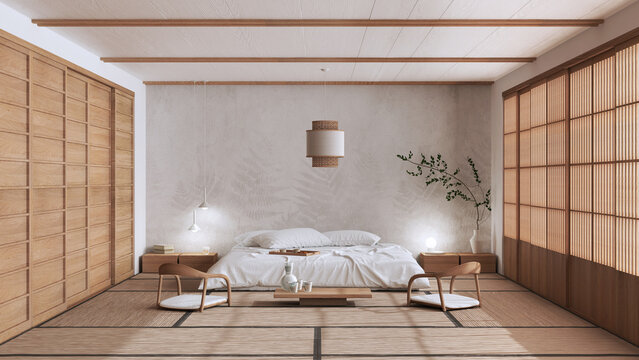 Minimalist bedroom in white and beige tones, japanese style. Double bed,  tatami mats, meditation zen space. Japandi interior design Stock  Illustration | Adobe Stock