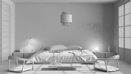 Total white project draft, japandi bedroom, japanese style. Double bed, tatami mats, armchairs, meditation zen space. Minimalist interior design