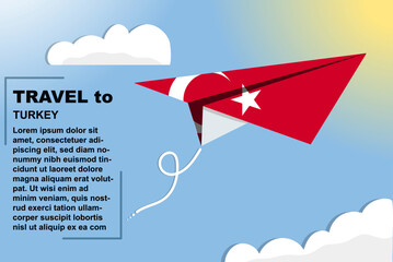 Naklejka na ściany i meble Turkey travel vector banner with paper flag and text space, flag on paper plane, holiday and vacation concept