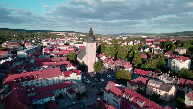 aerial fly by of chruch trinitatis kirche in sondershausen in germany