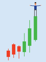 Candlestick chart stock market. Trader cartoon pixel art character on top of the green candle. Investment, trading, price growth, bull  market