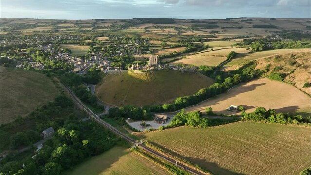 Stunning aerial view of Corfe Village and Castle in the Purbecks, Dorset, England.