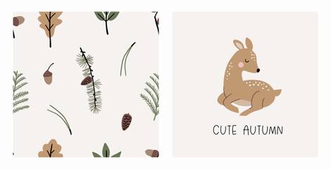 Cute Autumn. Cute cartoon fawn in forest. little deer and leaves, branches, cones, acorns - vector illustration © NadezdaBarkova