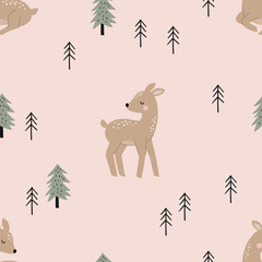 Cute Autumn. Cute cartoon fawn in forest. little deer and leaves, branches, cones, acorns - vector seamless pattern