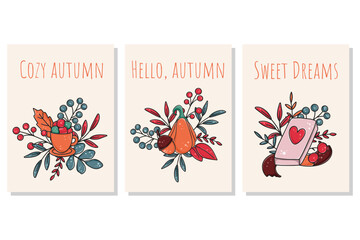 Set autumn cards with inscriptions. Cozy autumn, sweet dreams, hello autumn lettering. Fall postcards with foliage, pumpkin, berries, book and tea vector illustration