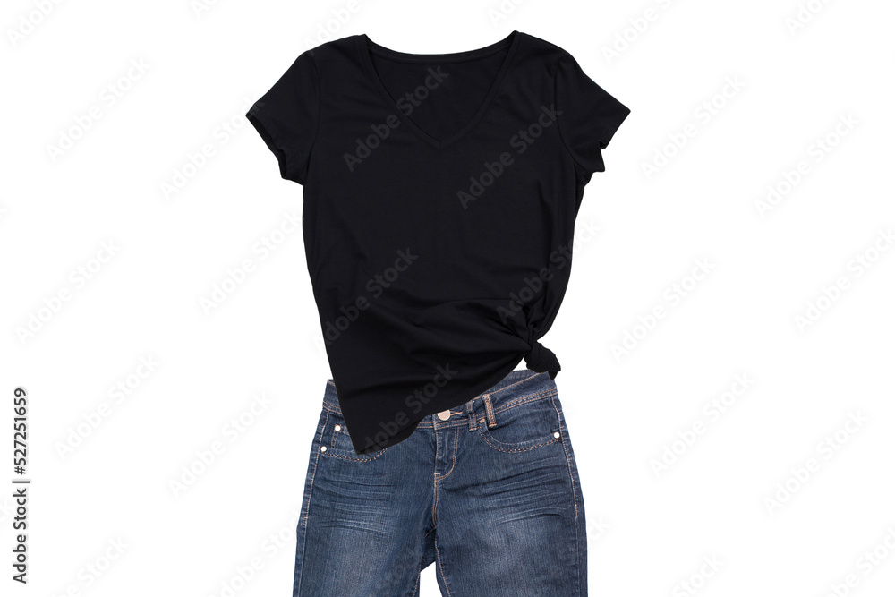 Wall mural Summer Female black t shirt, jeans set mock up flat lay isolated on white background. Top front view t-shirt collage and copy space. Mockup t-shirt and summertime. Template blank shirt.