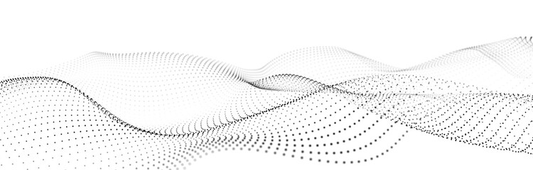 Wave of flowing particles on a white background. Abstract backdrop with dynamic elements of waves and dots. 3d