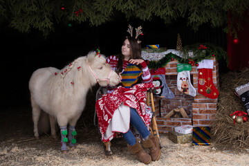Horses and the New Year. A girl and a horse at Christmas