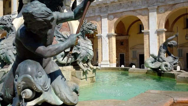 Loreto, the main fountain (Fontana Maggiore) in Piazza della Madonna. Marche region, Italy.