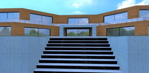 Concrete staircase to the futuristic woodwn facade house. Entrance to the building. Big panoramic windows. 3d render.