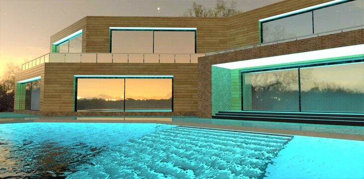 Waves in turquoise water. Illumination of the pool of a futuristic house. The building is also illuminated with LED strip. 3d render.