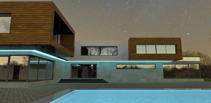 Amazing starry sky over an advanced modern house with a turquoise water pool. Facade LED lighting. The concrete finish looks good at night. 3d render.
