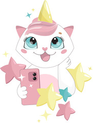 Cute cat takes a selfie. Unicorn cat. Little white cat in the stars. Poster, invitation, postcard.	