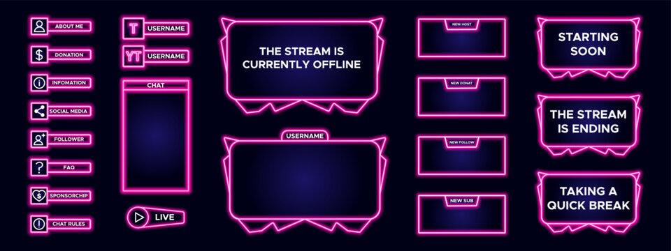 Set of modern design element for overlay game streaming screen panel. Game frame for internet broadcast and online video. Futuristic live stream frame for interface. Vector template technology style