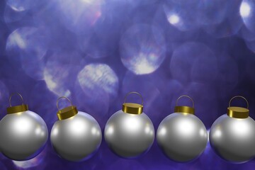 3d render of beautiful flying silver Christmas baubles on a purple bokeh lights background