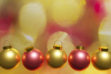 Naklejka na ściany i meble 3d render of gold and coral red Christmas balls on a gold and red bokeh background