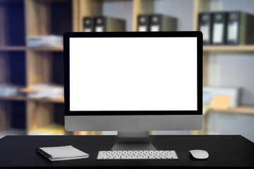 Stylish workspace with blank screen desktop computer at office background.
