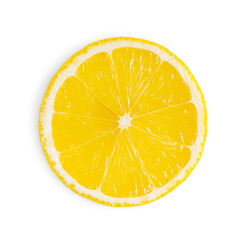 Top view of single cross section or slice of juicy yellow ripe lemon citrus fruit with sour taste...
