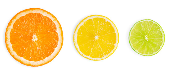 Three cross section or slices of juicy ripe citrus fruits such as orange, lemon and lime isolated on white background used as ingredient in culinary or preparation of cocktails full of vitamin C