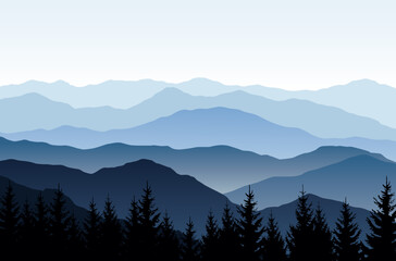 Vector nature landscape with blue silhouettes of mountains and forest