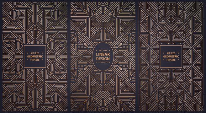 Vector set of art deco design elements, labels and frames for luxury products, golden linear fancy backagrounds, gatsby vintage style, posters, prints, wedding invitation, covers.