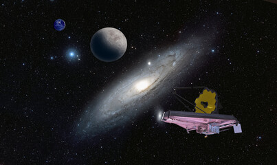 James Webb Space Telescope in Space with Andromeda Galaxy 