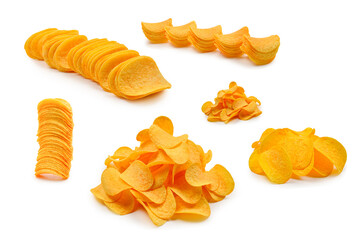 Potato chips isolated on white background.
